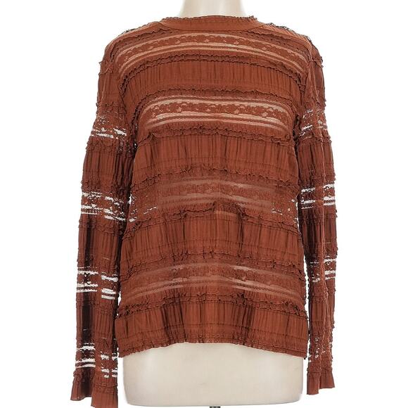 by TiMo Lace Pleated Sheer Blouse Women’s L Rust Brown Romantic Boho Peasant - Picture 1 of 6